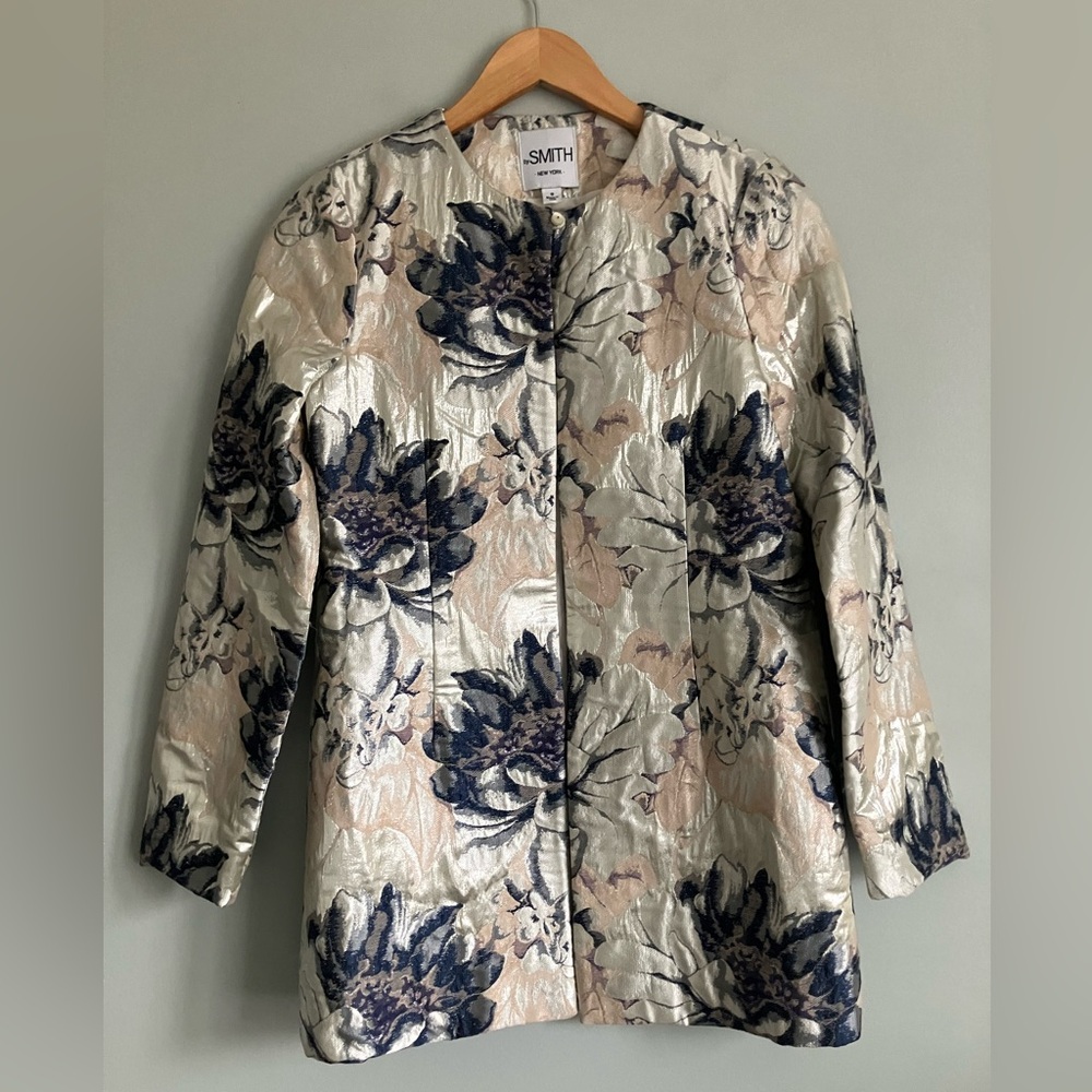 SMITH Off White and Navy Maximalist Long Tapestry Floral Blazer Size 0